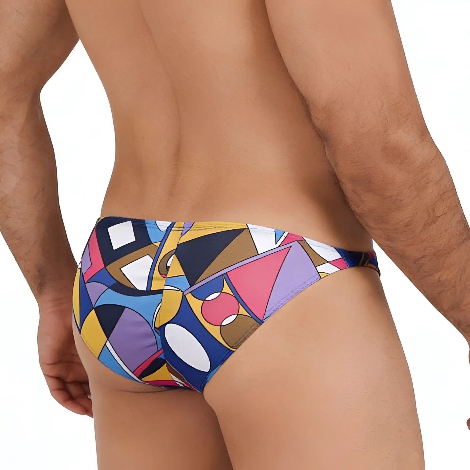 Metro malewear fantasy bikini picasso 6116-87 vibrant geometric-patterned swim trunks in bold blues yellows pinks and purples