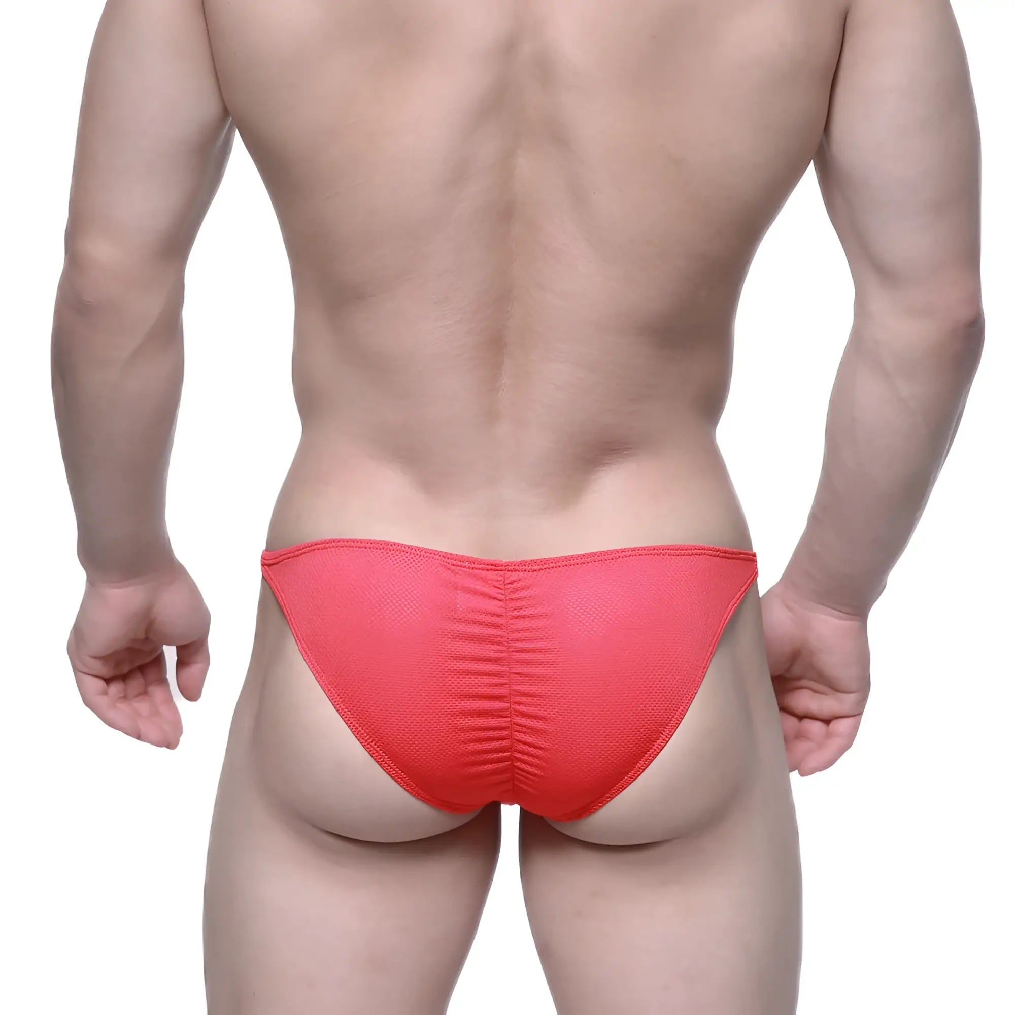Bright coral-red mesh briefs with ruched back design from metromalewear fantasy bikini red 6116-12