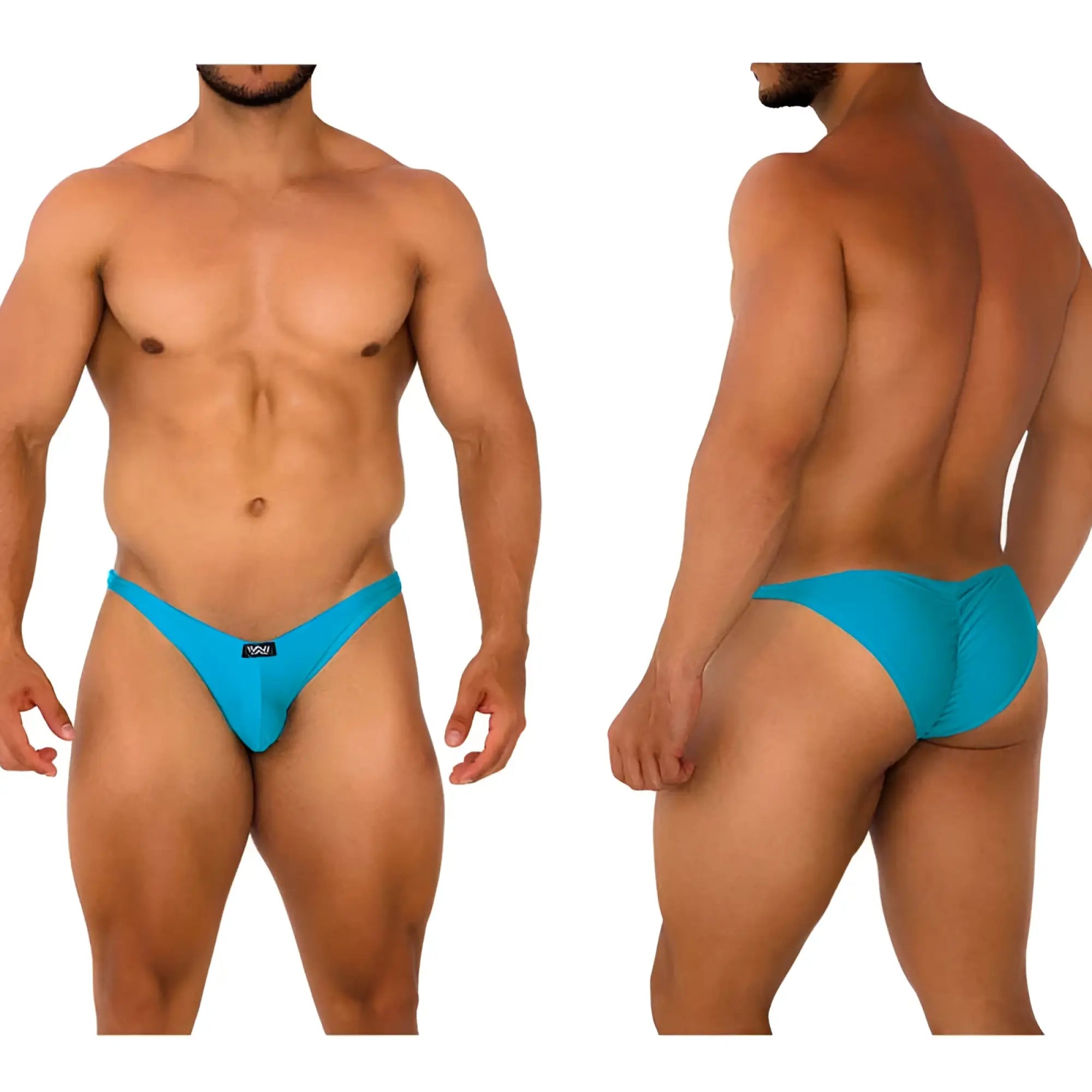Vibrant turquoise metro male wear fantasy bikini briefs with sleek form fitting design and subtle waistband branding