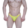 Bright yellow mesh thong with a small white MetroMaleWear brand tag from the fantasy bikini 6116-15 collection