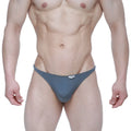 Gray textured briefs with subtle pattern and small white metro male wear brand tag at waistband