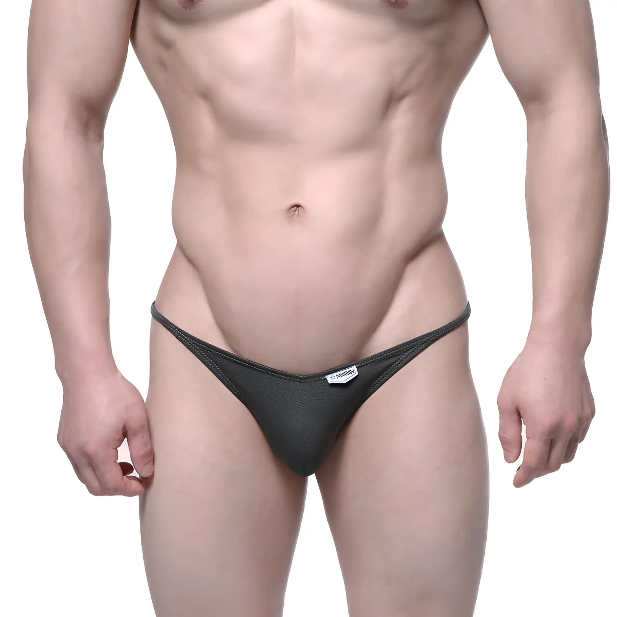 Black mesh thong with a small white brand tag at the waistband by MetroMaleWear Fantasy Thong Khaki 6112-26