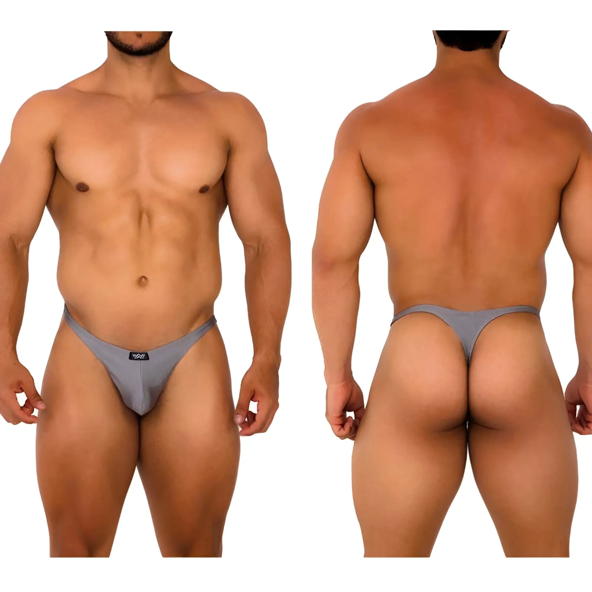 Gray MetroMaleWear Fantasy thong platinum 6112-10 with a small black logo on the front for stylish comfort