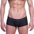 Black metroMalewear faro boxer briefs with sleek form-fitting design and subtle silver trim on waistband