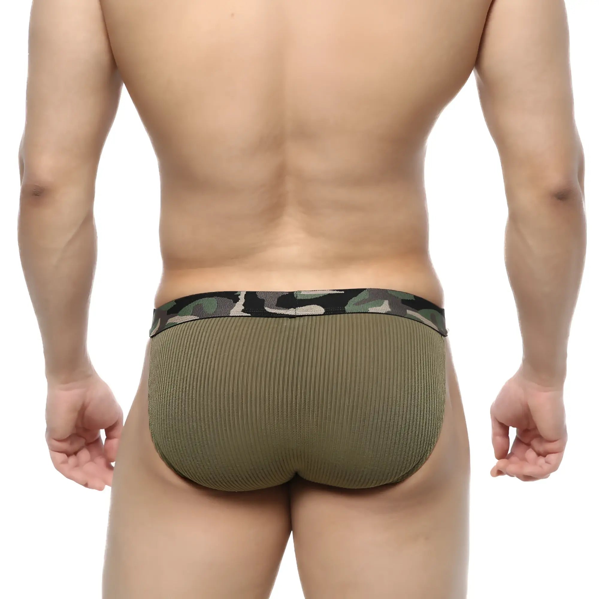 MetroMaleWear Felix bikini green men’s ribbed briefs with camouflage patterned waistband in olive green