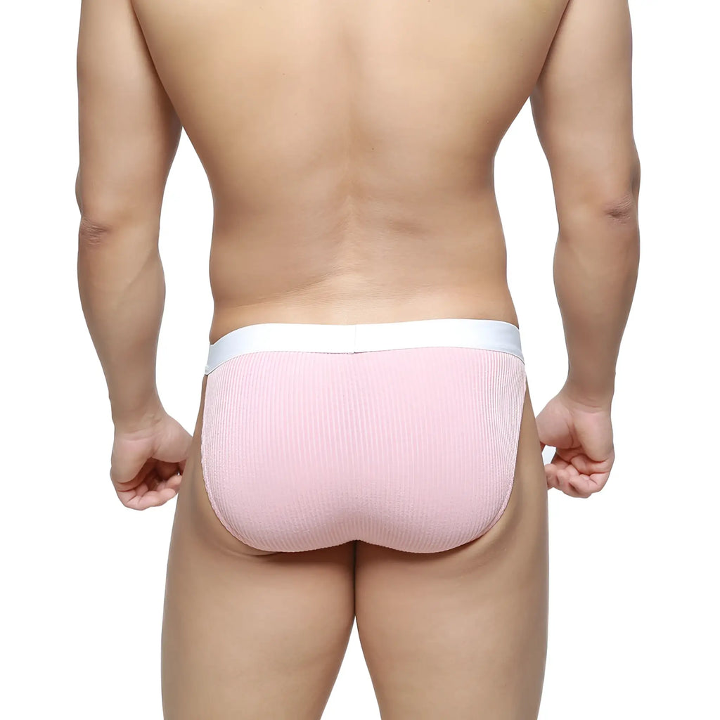 Pink ribbed briefs with a white waistband from metromalewear felix bikini 7004-02 for comfortable everyday wear