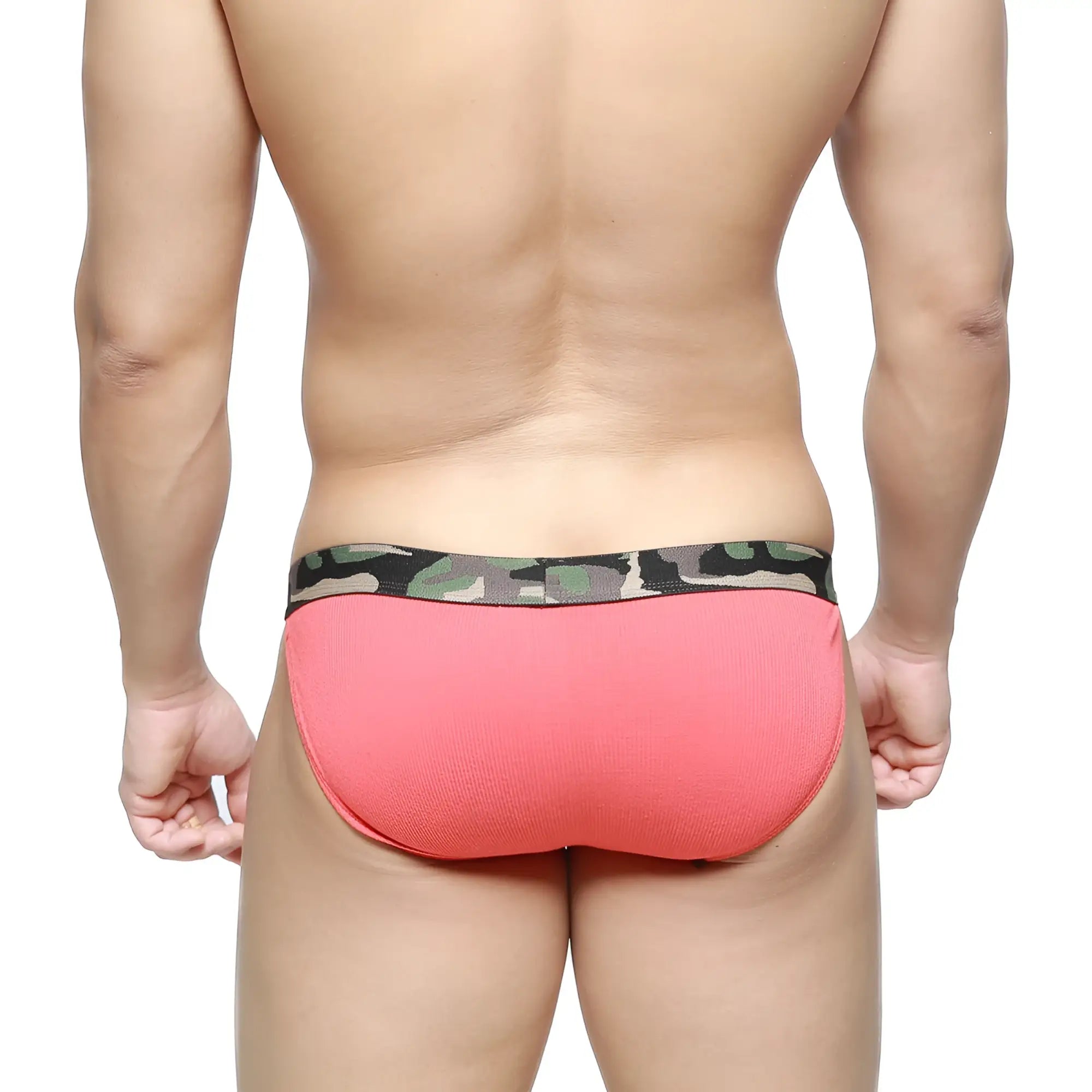 Coral pink briefs with camouflage-patterned waistband metro male wear felix bikini red 7004-12 front view