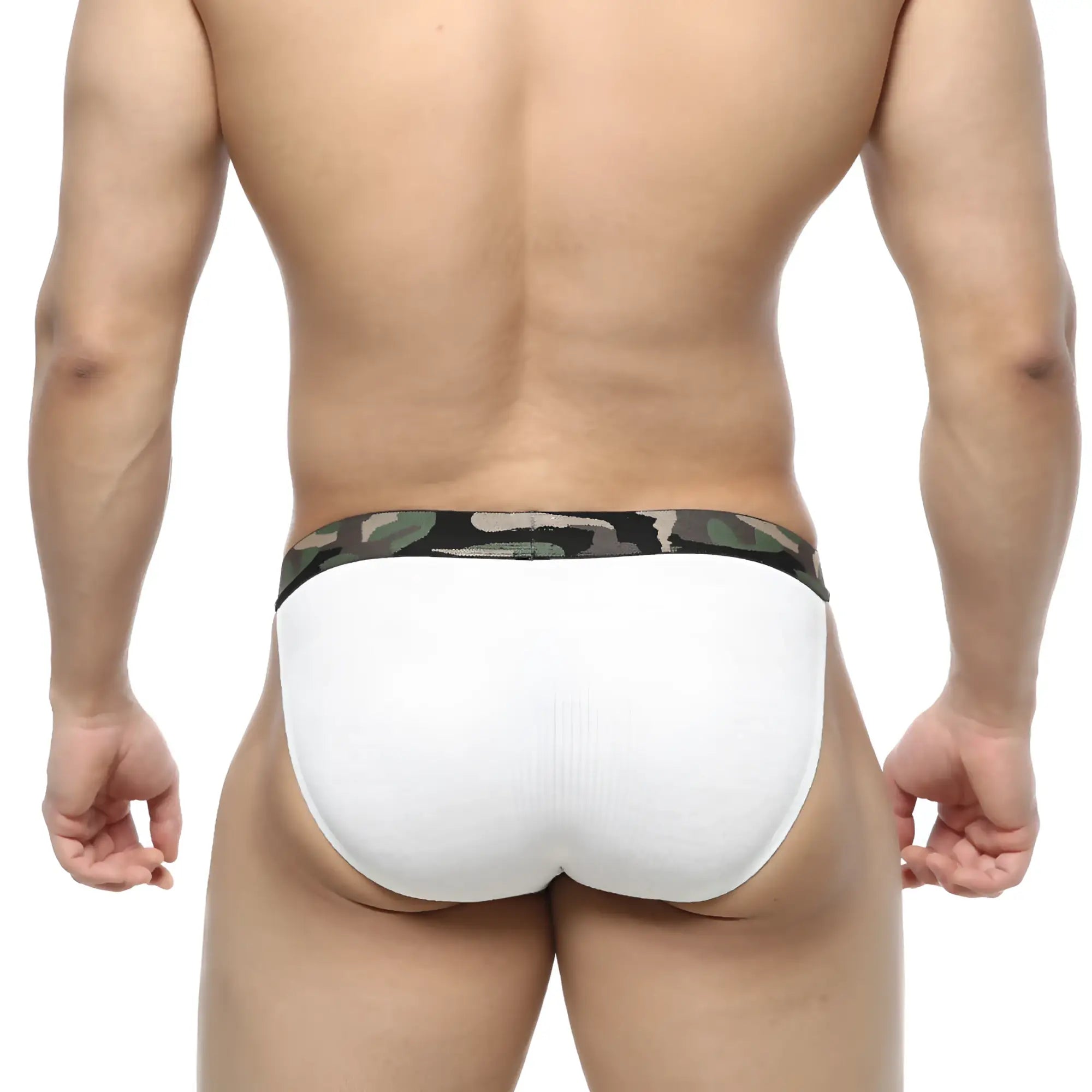 White briefs with a camouflage-patterned waistband from metromalewear felix bikini white 7004-00 collection