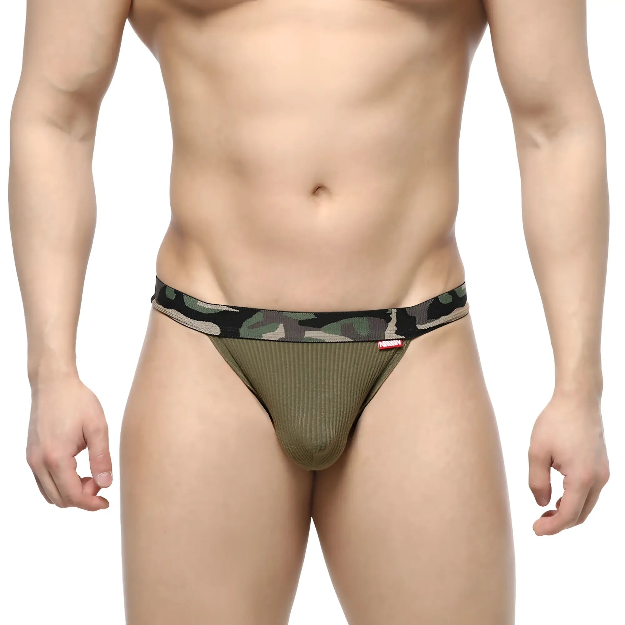 MetroMaleWear Felix jock strap green with olive stripe design and camo pattern on waistband for active wear