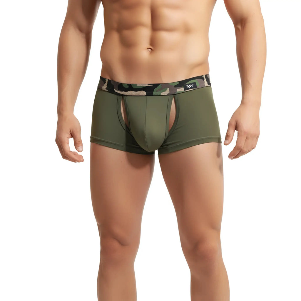 MetroMaleWear Filamento trunk green olive boxer briefs with camouflage waistband and small black logo for men