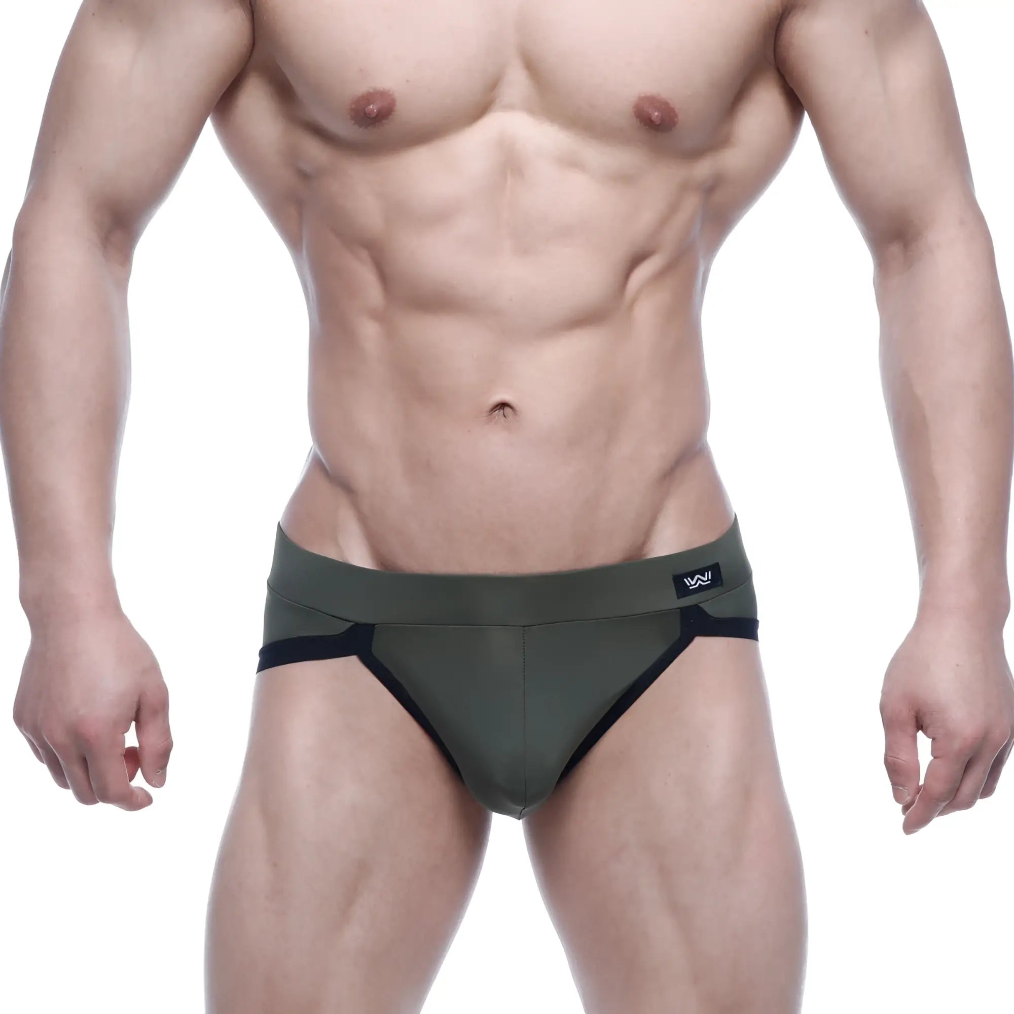 Olive green and black athletic briefs with sleek form-fitting design metroMalewear filosofico bikini 2304-26