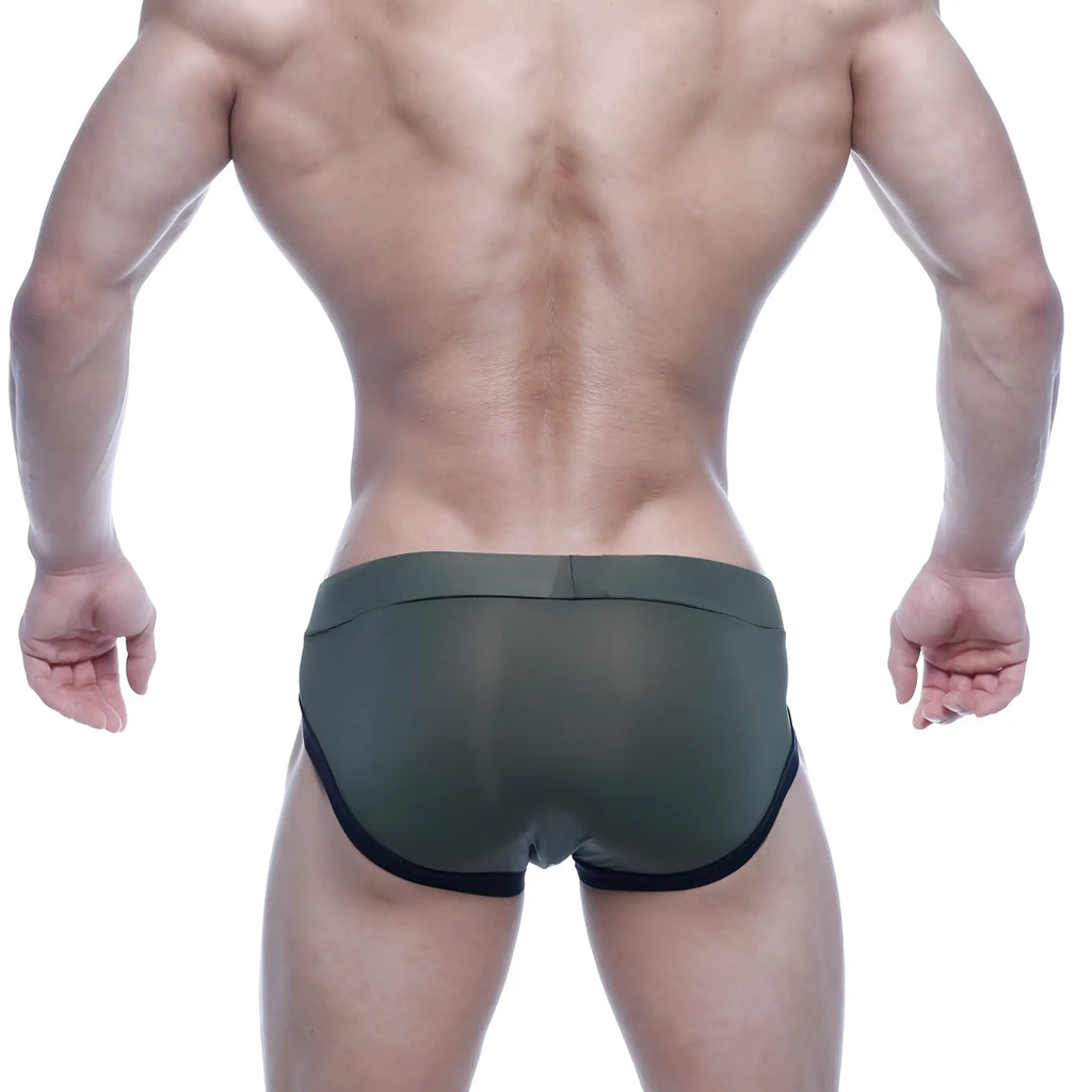 Olive green sheer briefs with black trim metro malewear filosofico bikini green 2304-26 front view