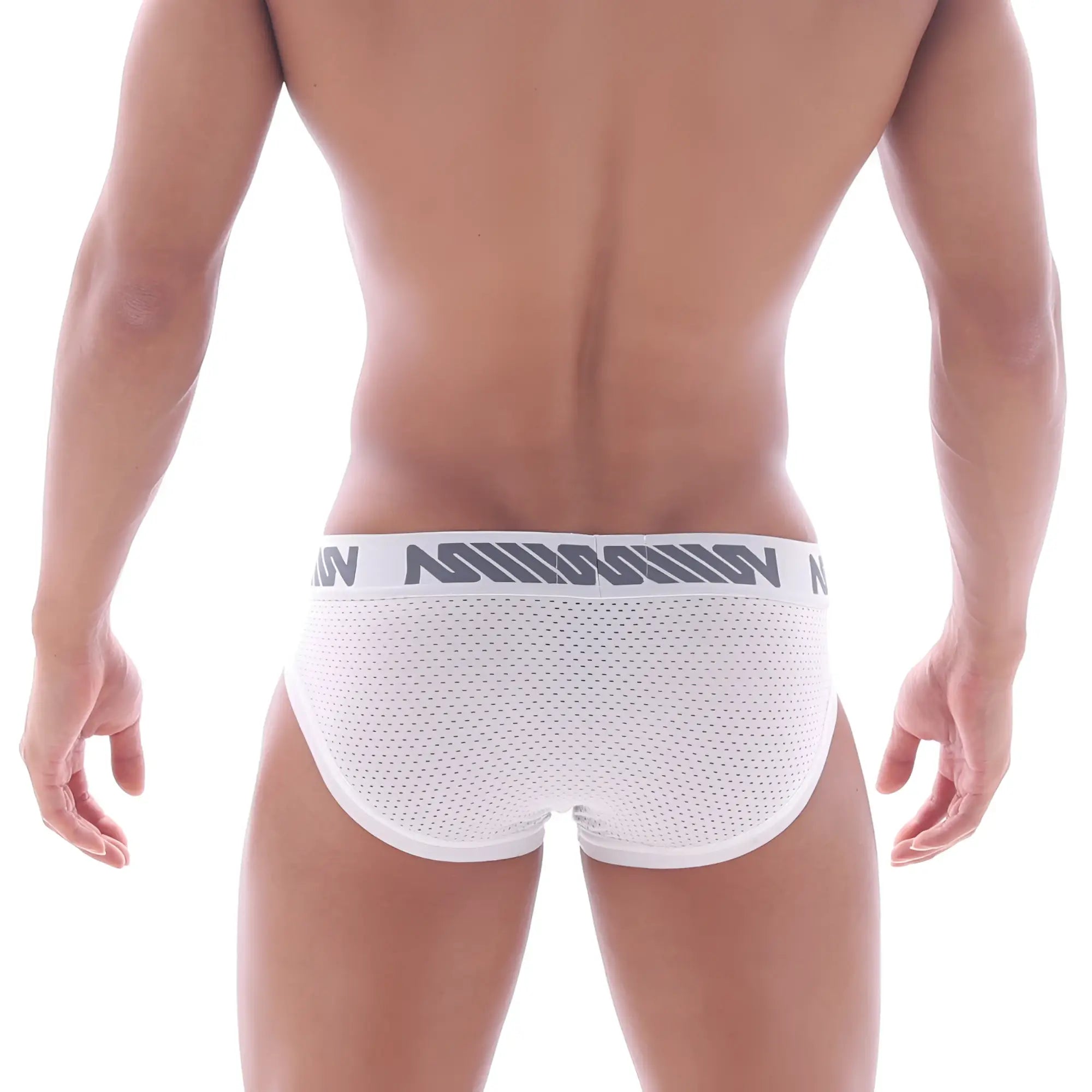White mesh briefs with gray mission logo band metro male wear filosofico bikini 2304-40 front view