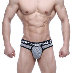 Black and white striped men’s briefs with bold metromalewear logo on waistband in grey stripe design