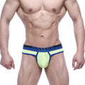Bright neon yellow and blue metroMalewear athletic briefs with mesh front panel and branded waistband fine thong lime 2712-41