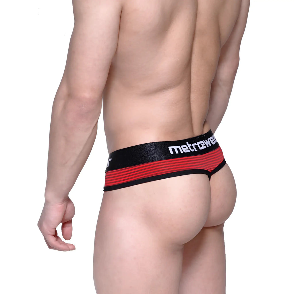 MetroMaleWear fine thong red stripe features red and black stripes with a sleek, form-fitting metrowear design
