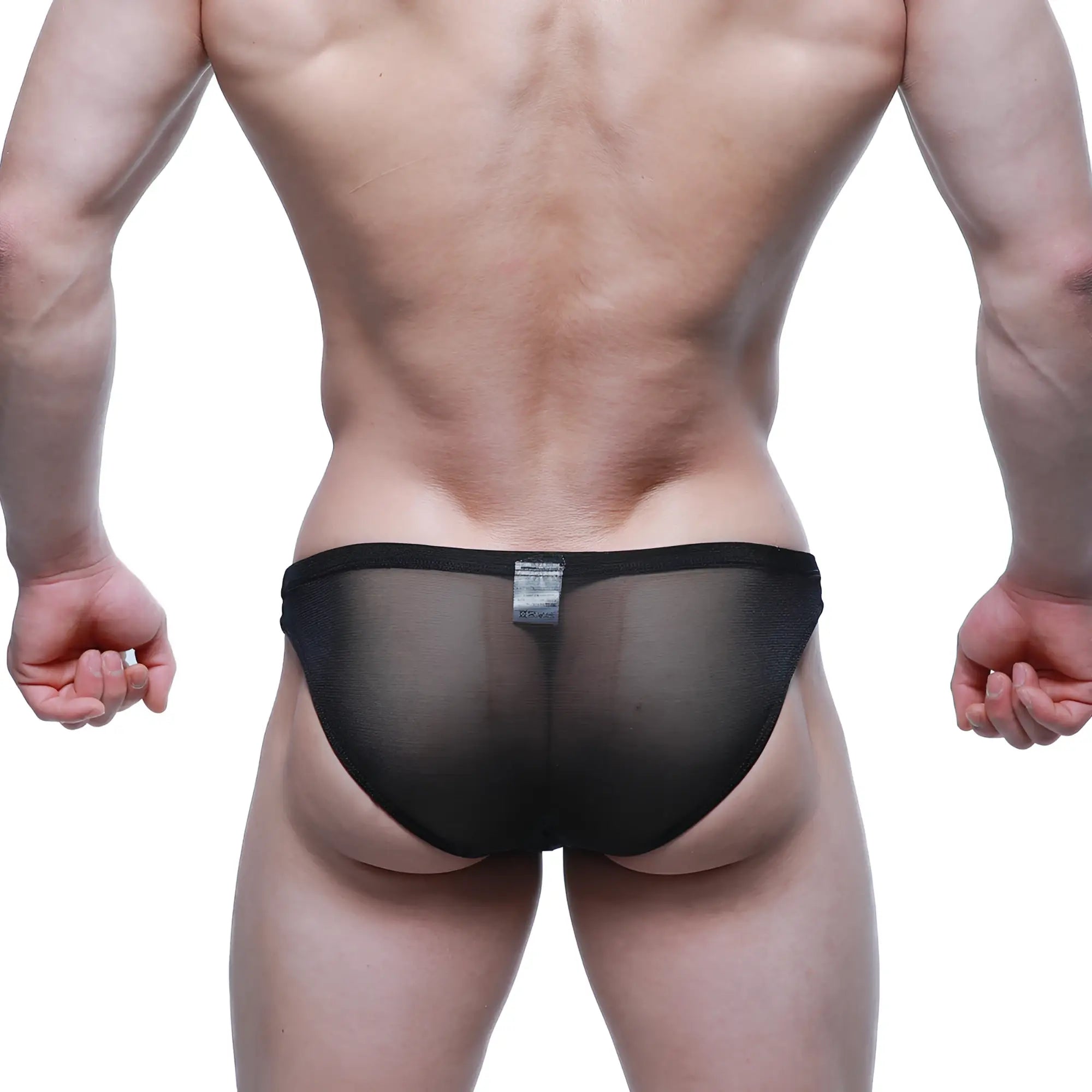 Black sheer mesh briefs with solid black waistband from metromalewear fior bikini 3603-72 showing front view