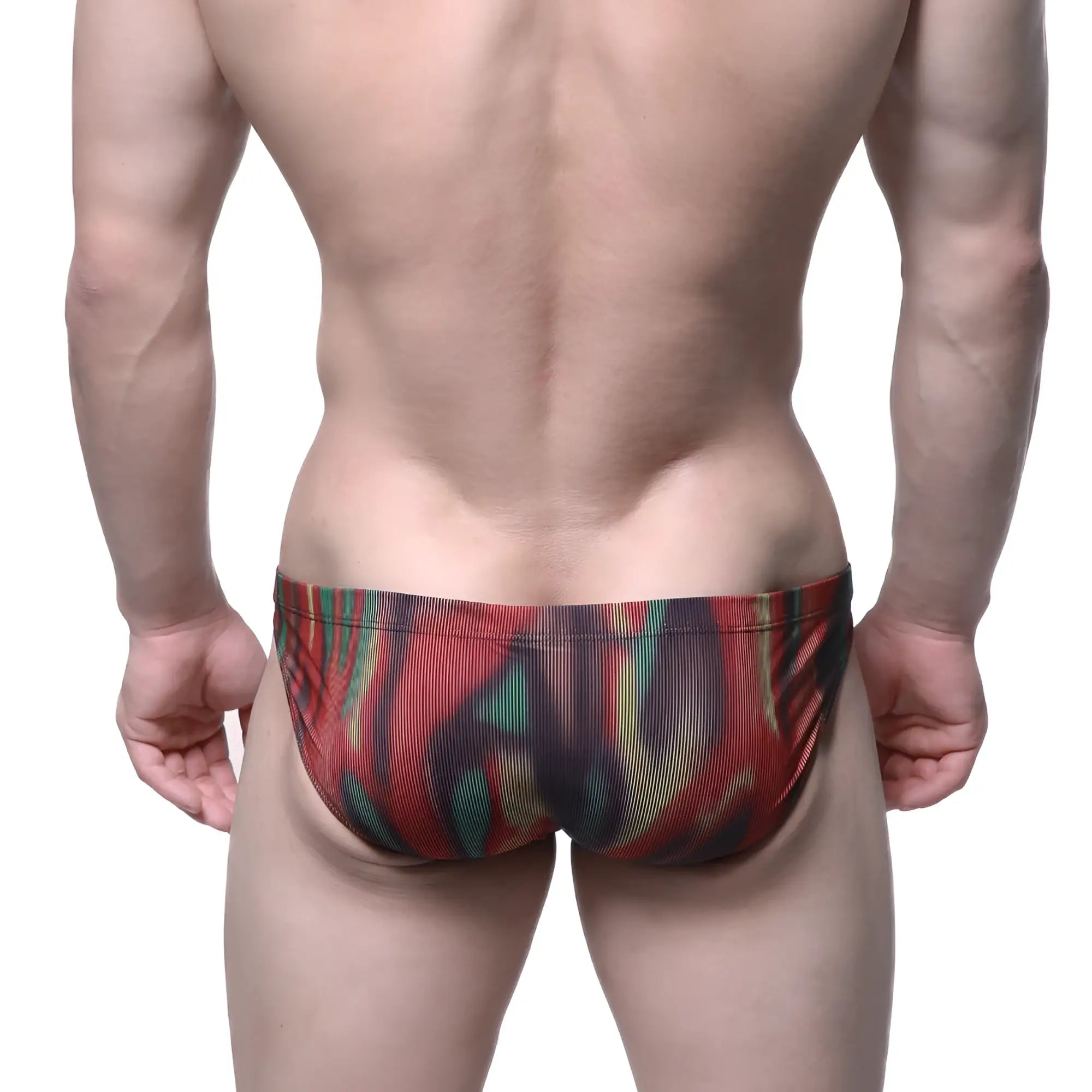 Vibrant red green and black abstract patterned ribbed swim trunks metroMalewear fire bikini 5103-M73 front view