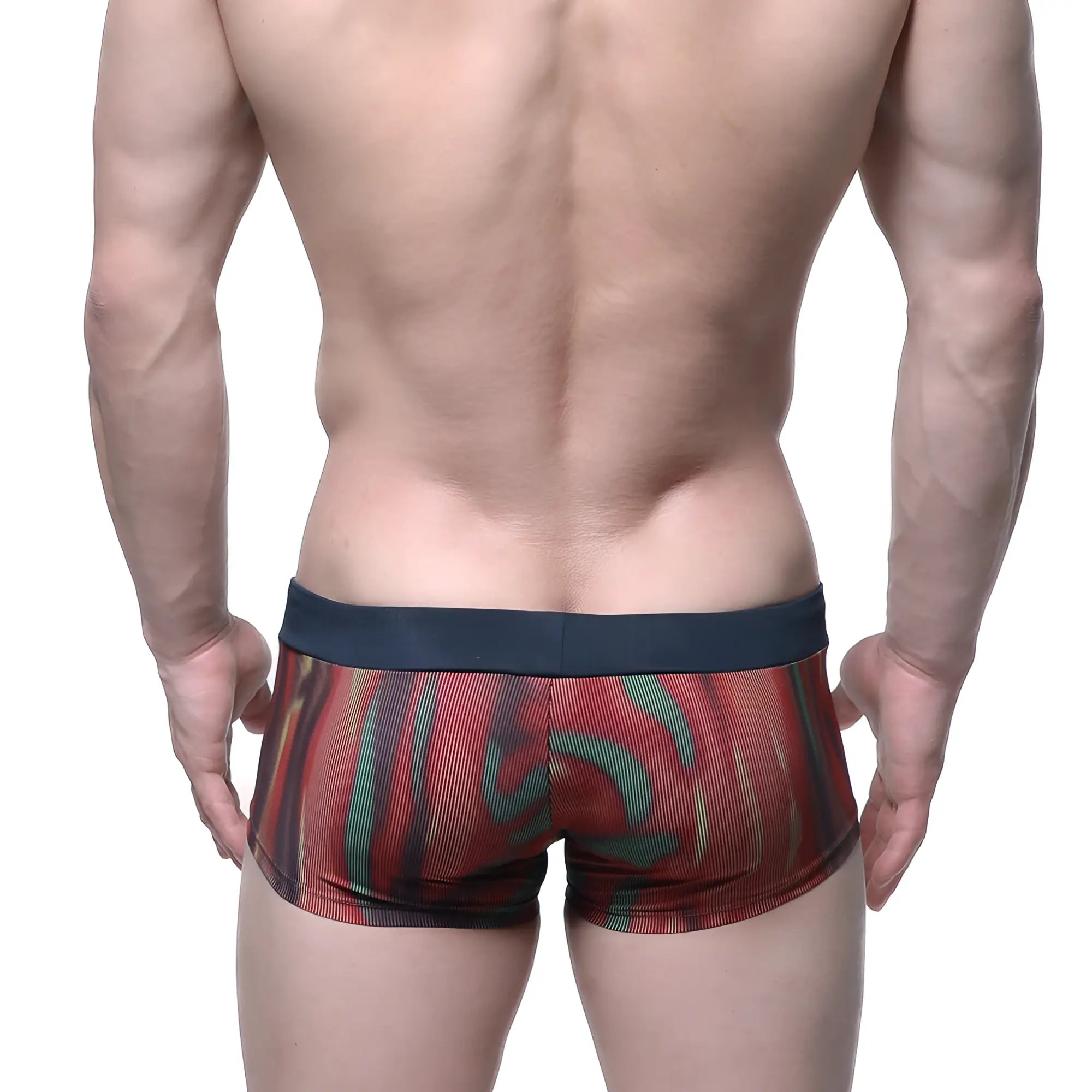MetroMaleWear Fire Swim boxer briefs in red and green abstract pattern with solid navy blue waistband for swimming