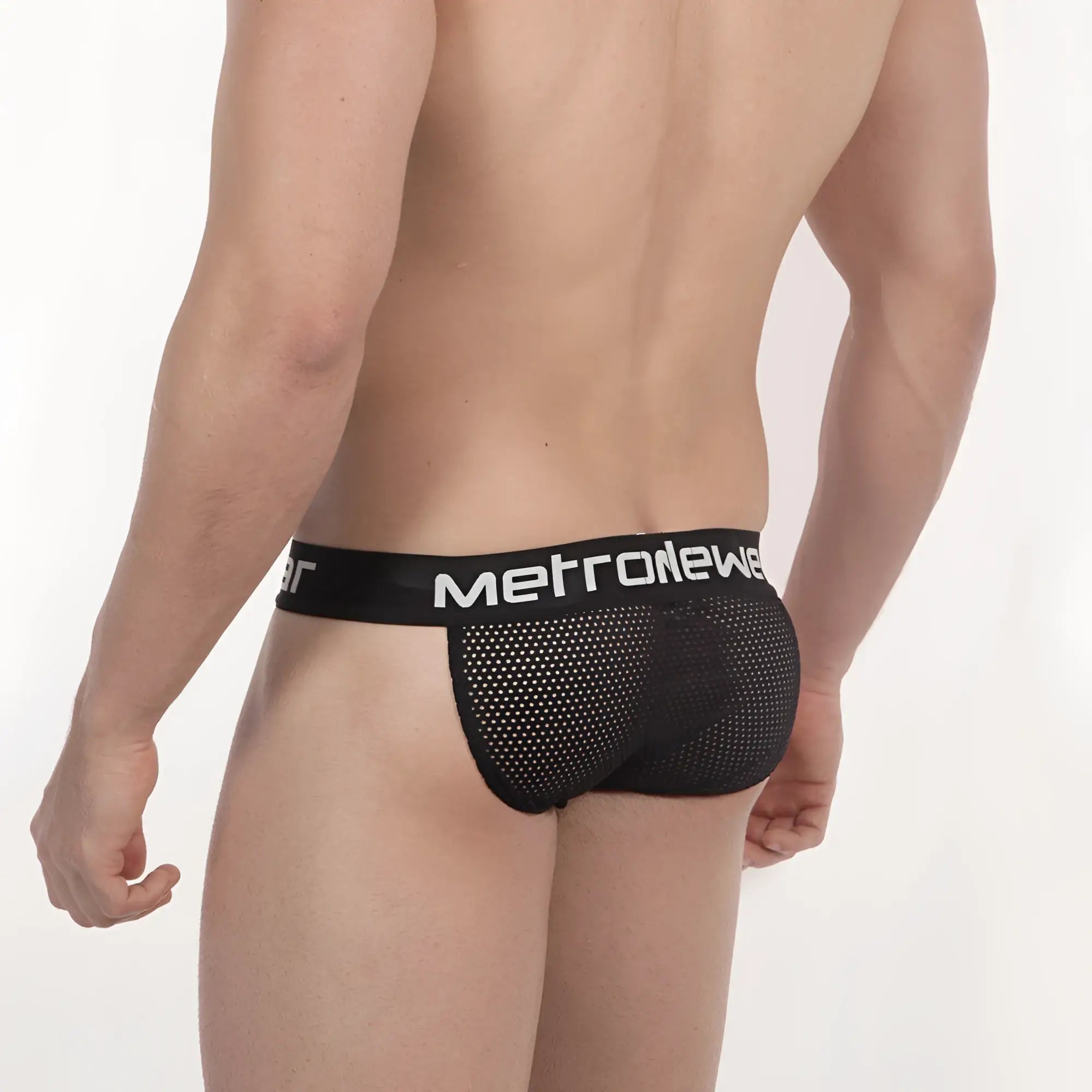 Black mesh fishnet briefs with white metronewer logo on waistband from metromalewear fishnet bikini 3004-66