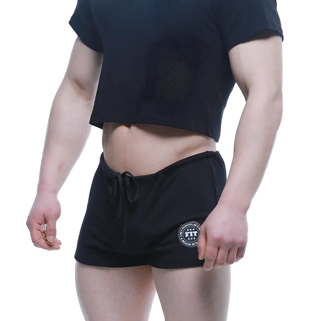 MetroMaleWear fit shorts black 4714-20 athletic shorts with drawstring waistband and circular logo patch on left leg
