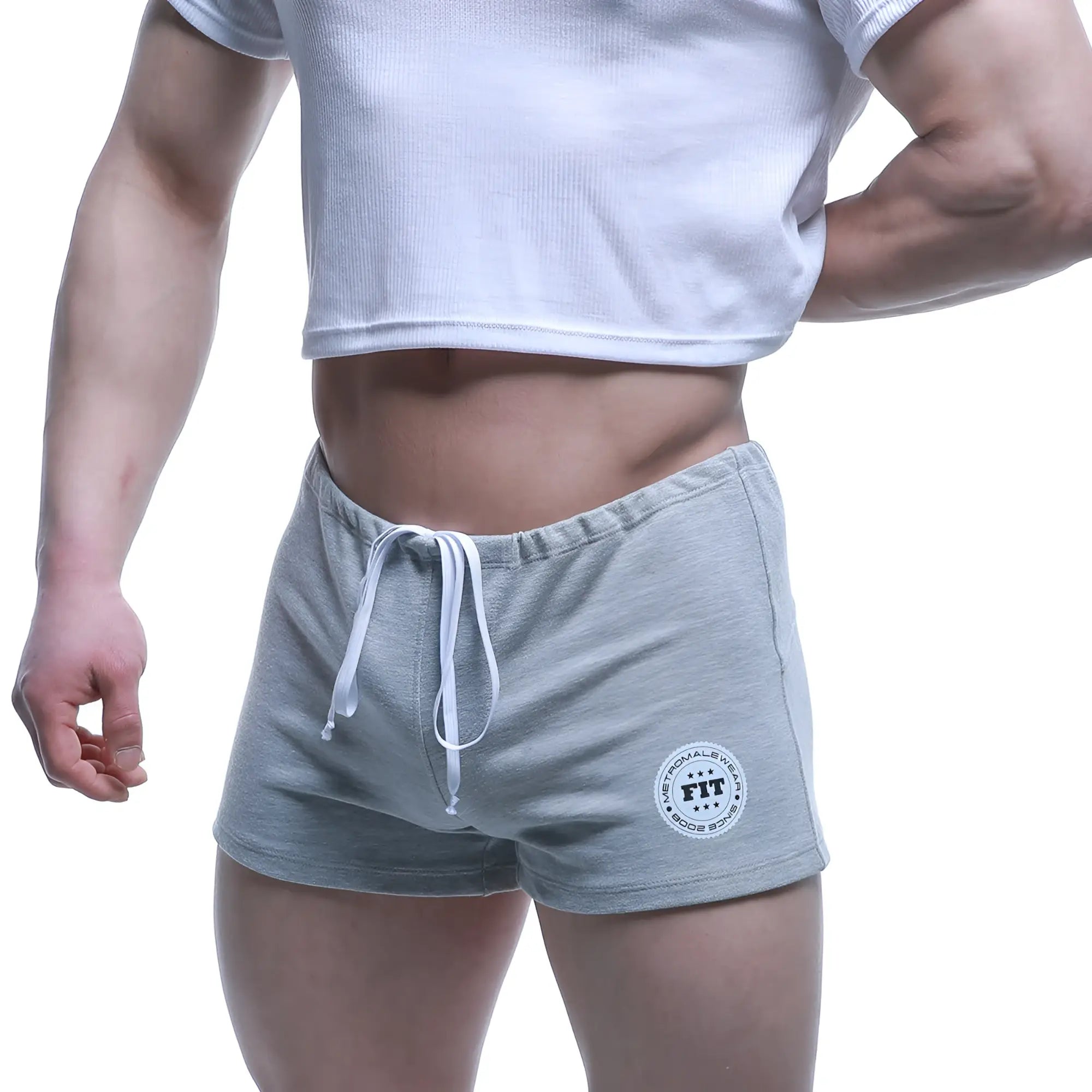 MetroMaleWear fit gray heathered sweatshorts with white drawstring and circular logo patch on lower left leg