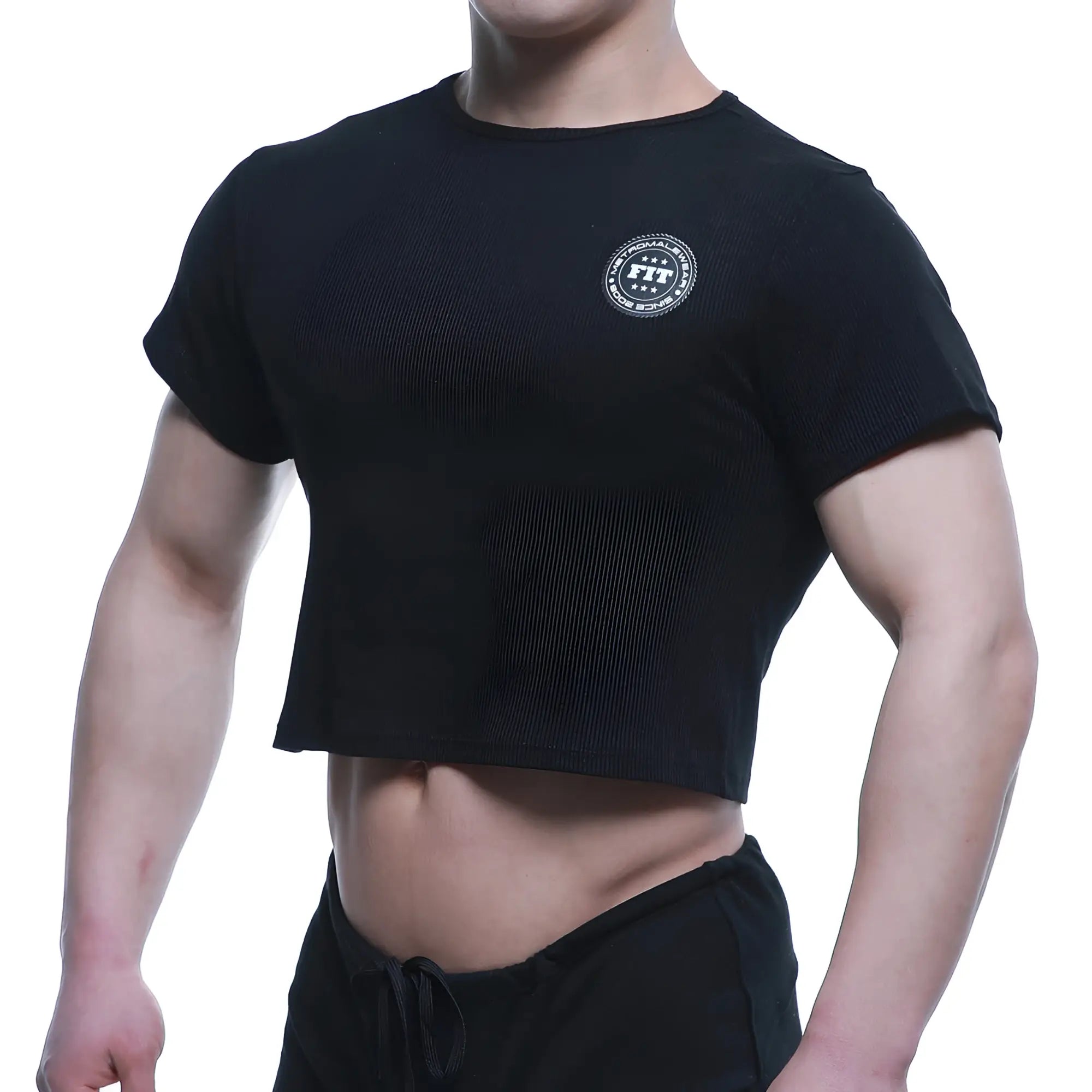 Black MetroMaleWear FIT cropped short-sleeve t-shirt with white circular logo on chest perfect for casual wear