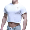 White ribbed crop top with circular fit logo on chest from metromalewear fit t shirts white 3119-00