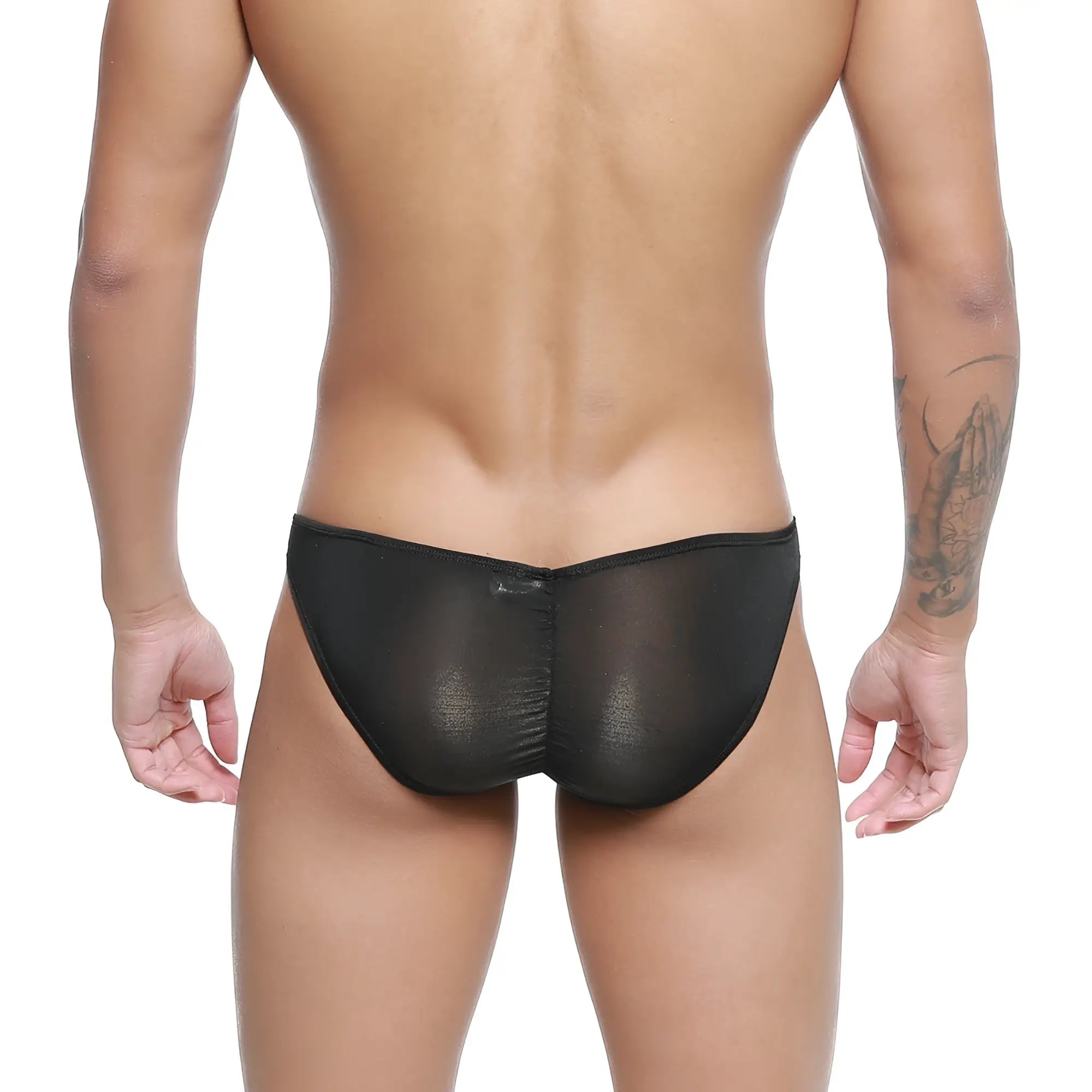MetroMaleWear fits bikini black sheer mesh briefs with subtle metallic sheen and a contoured design
