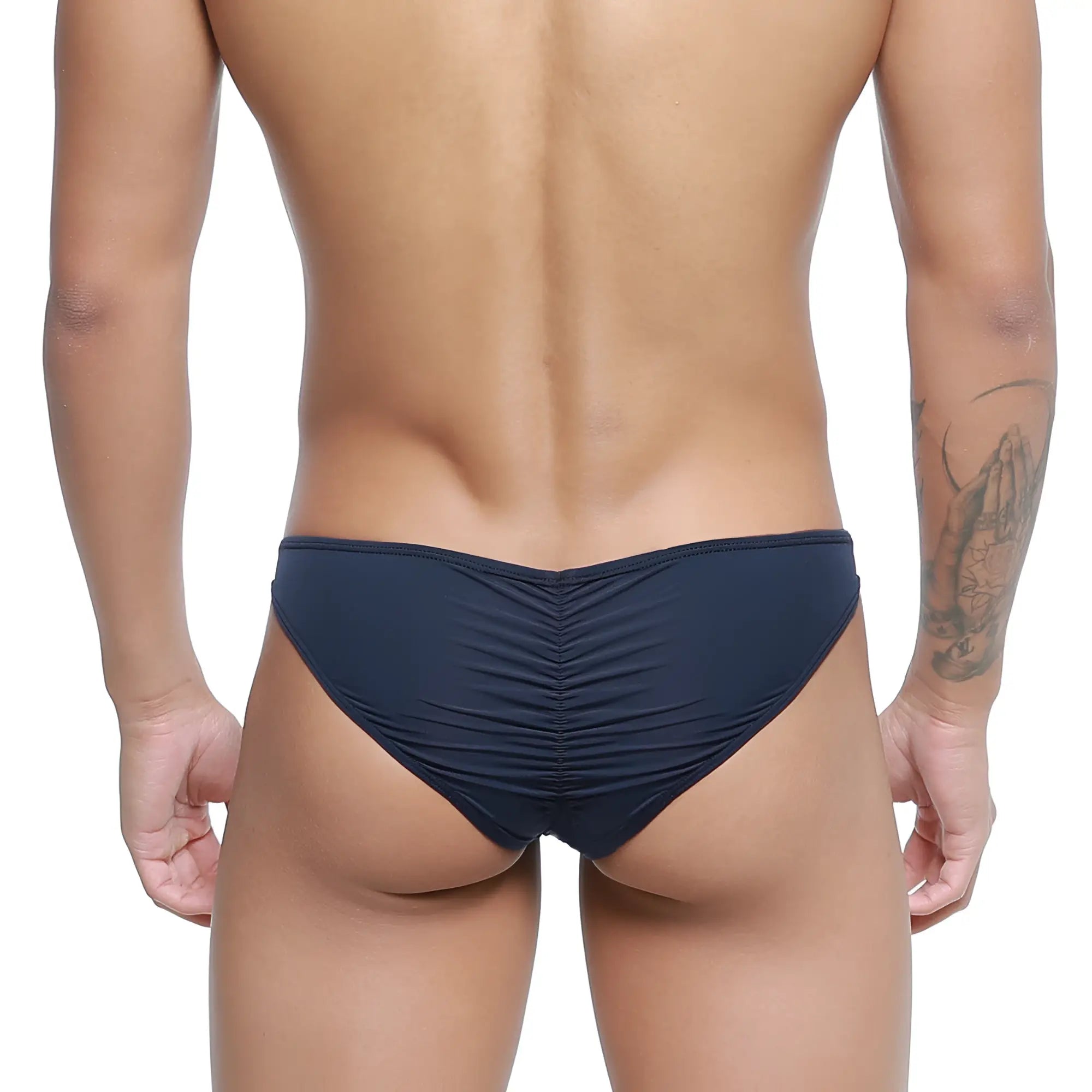 MetroMaleWear fits bikini swim trunks in navy blue with ruched fabric designed for comfortable beachwear