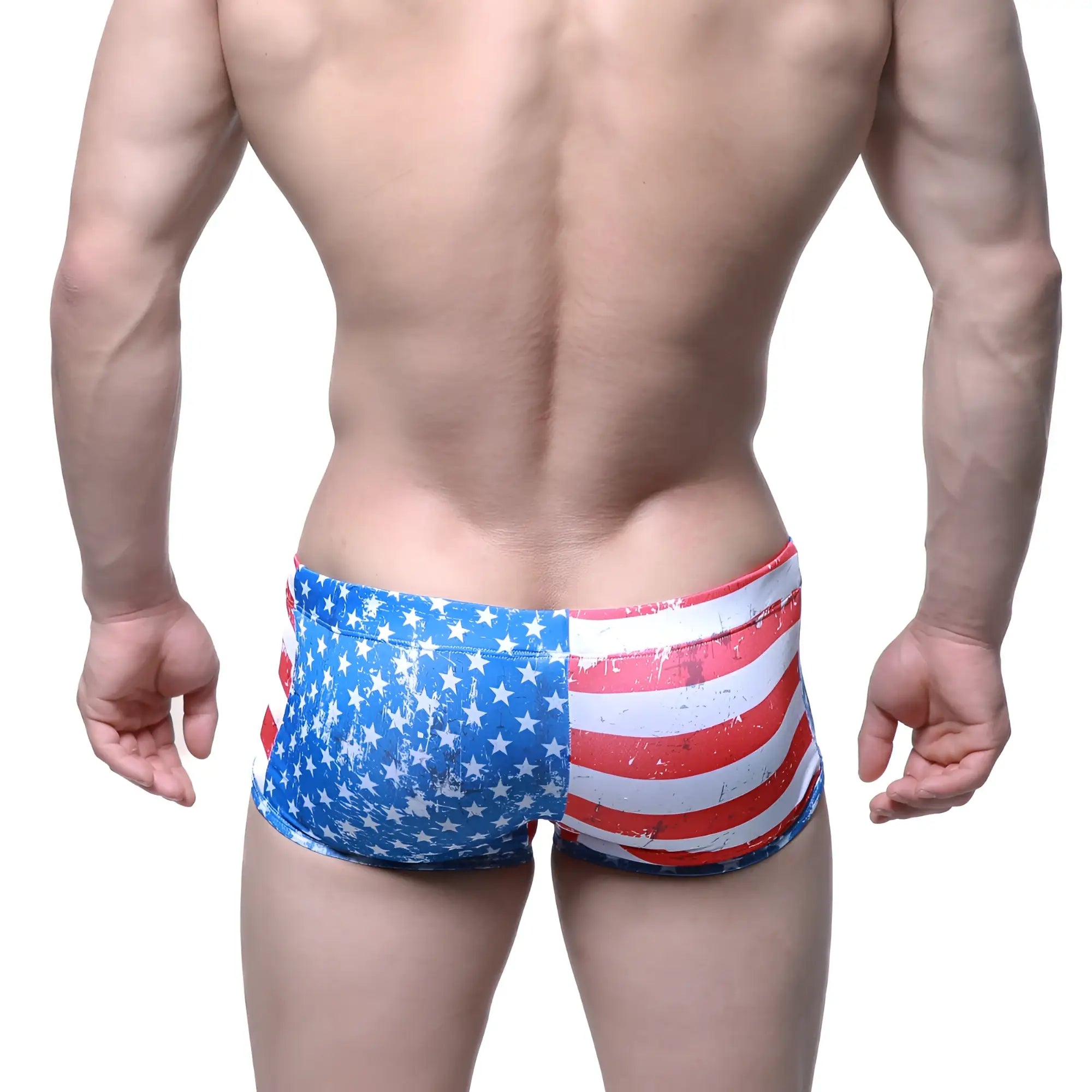 MetroMaleWear Flag swim trunk 4938-91 features a split American flag design with blue stars and red stripes on polyester