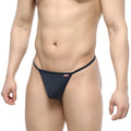 Black thong from MetroMaleWear Flex String navy 2114-28 with a small red logo on the waistband showing the back side