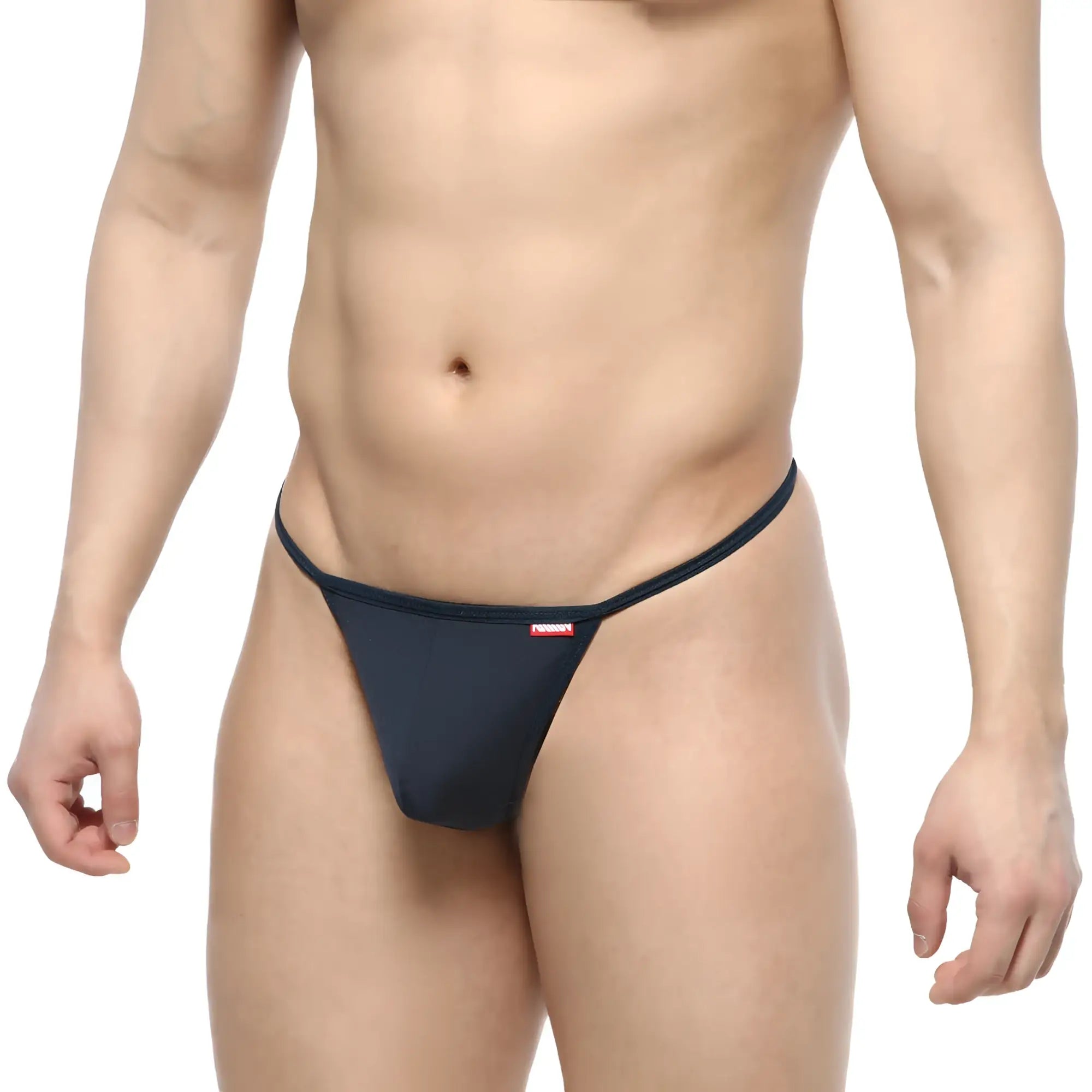 Black thong from MetroMaleWear Flex String navy 2114-28 with a small red logo on the waistband showing the back side