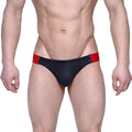 MetroMaleWear flip jock strap black swim trunks with red side panels designed for comfortable active wear