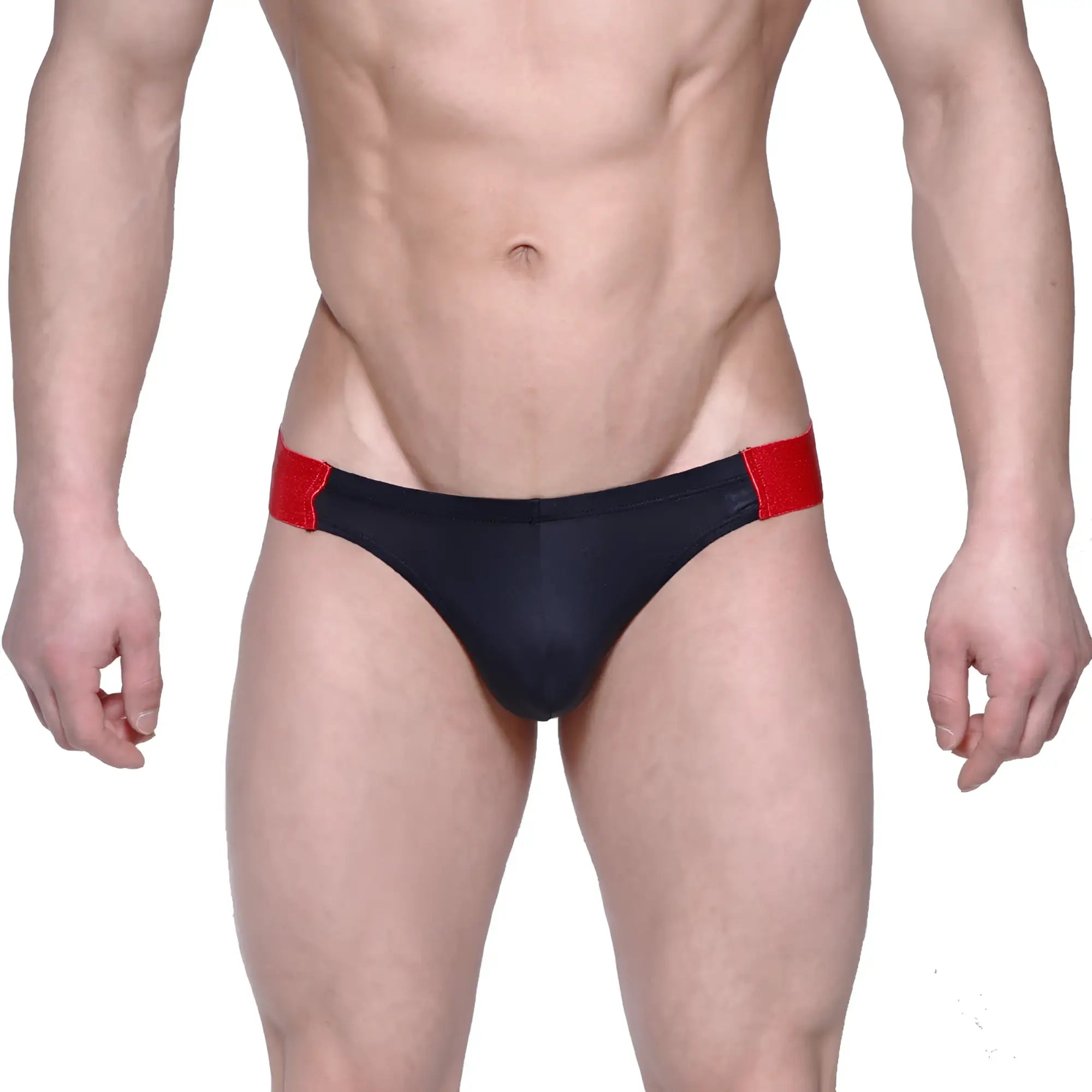 MetroMaleWear flip jock strap black swim trunks with red side panels designed for comfortable active wear