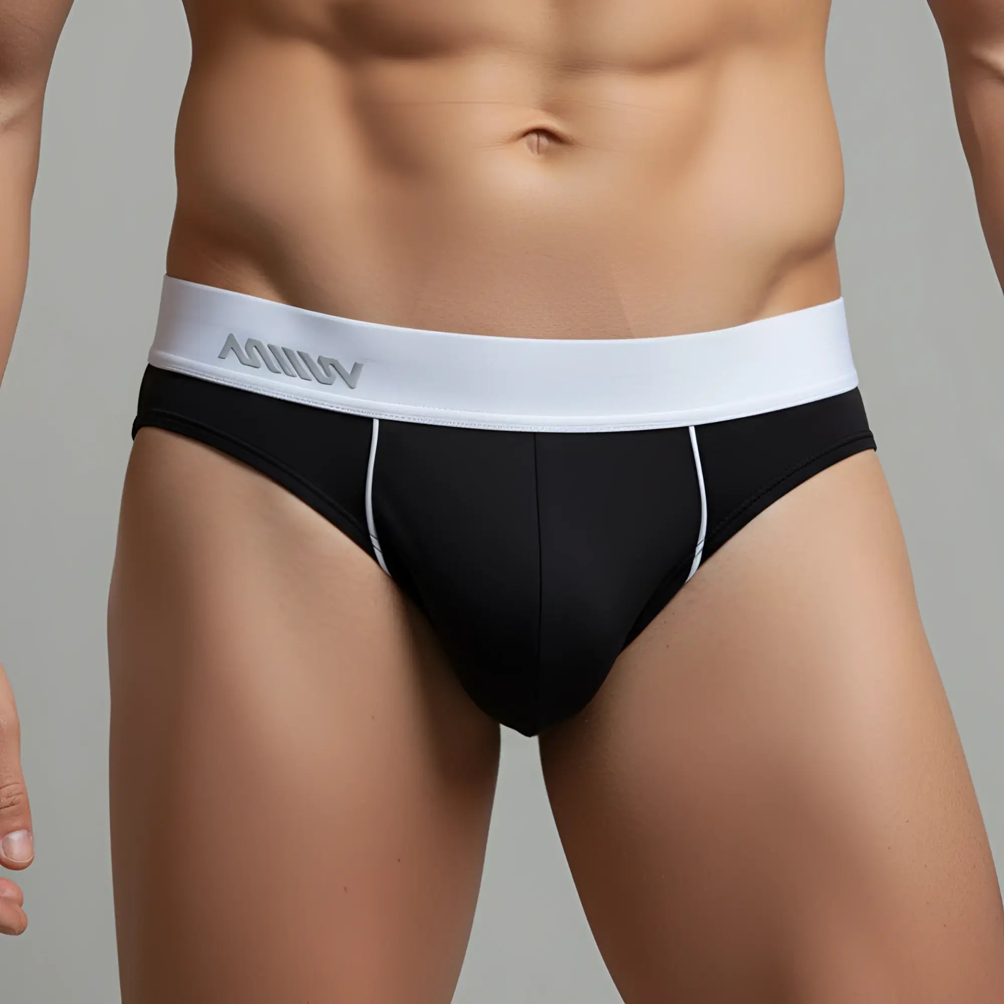 Black metro malewear flow briefs 6113-20 with white aquav logo waistband and subtle white side stitching