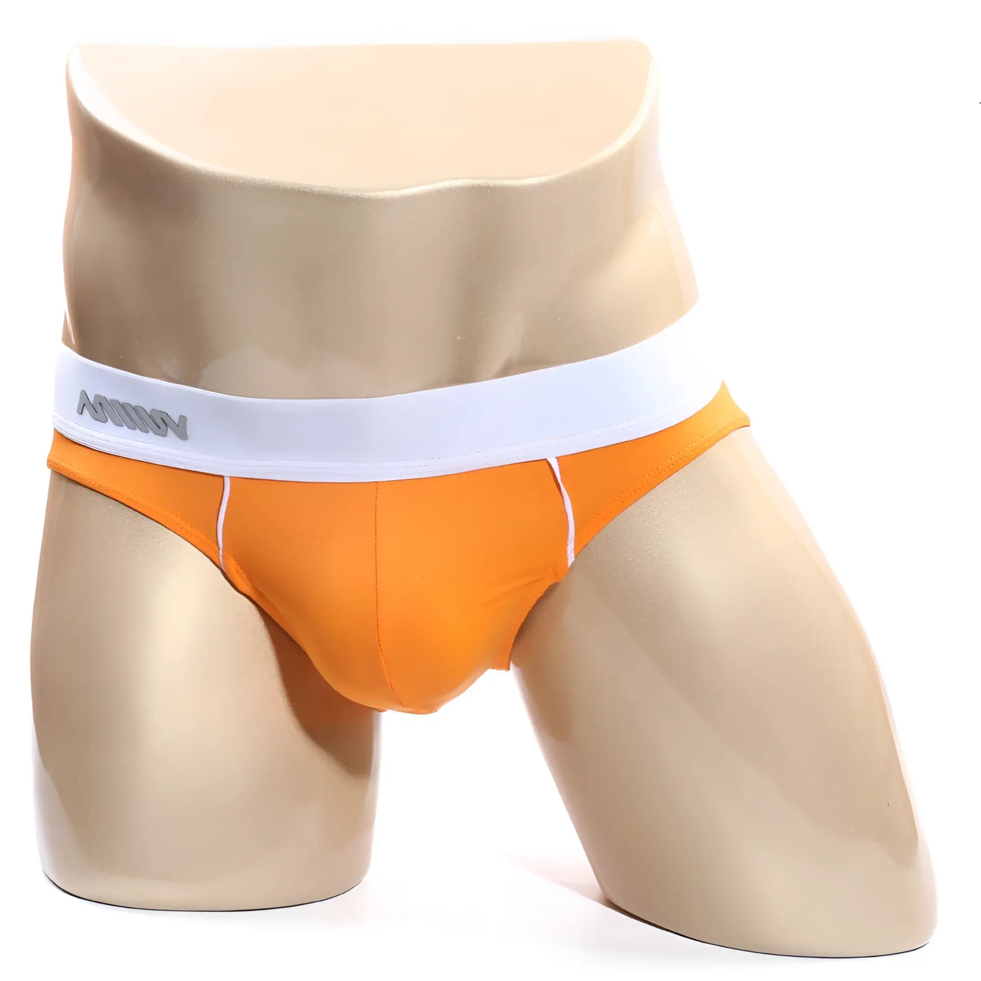 Metro malewear flow brief orange 6113-14 orange briefs with white waistband and annoy brand name in gray lettering