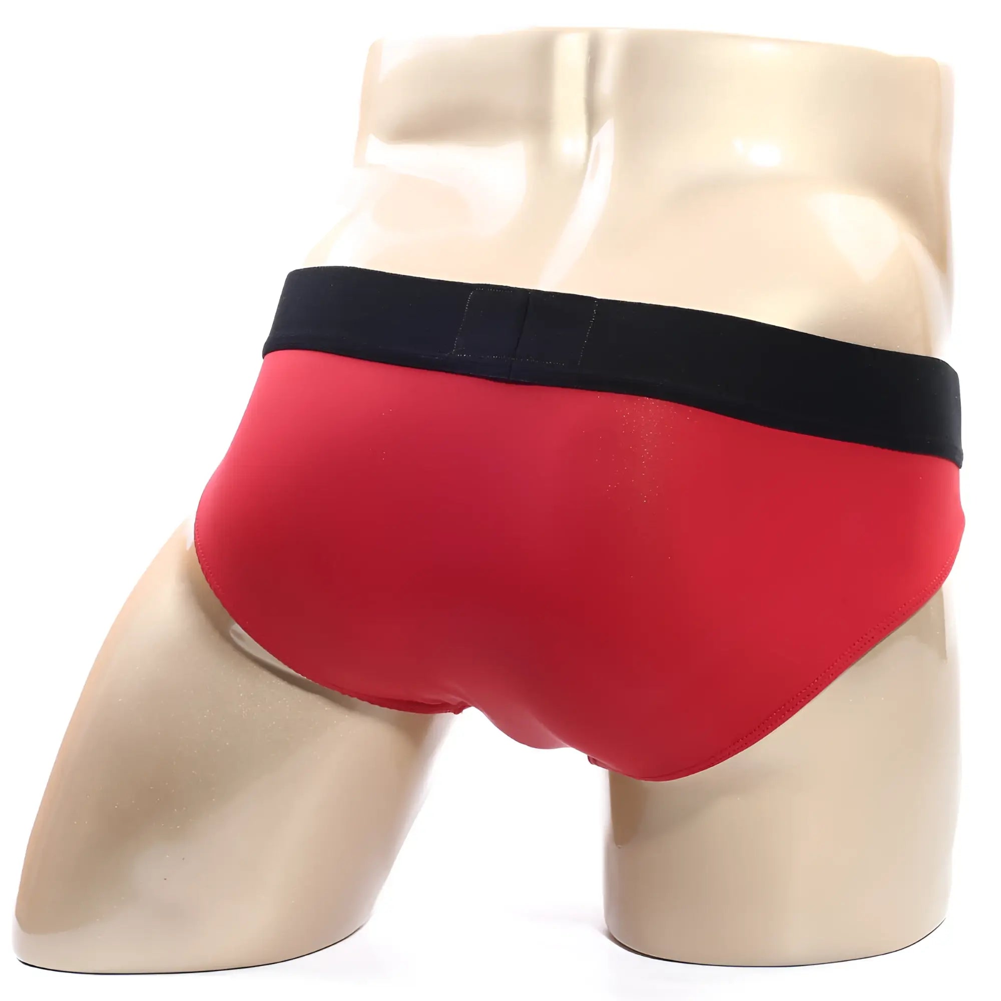Red briefs with black waistband by metromalewear flow brief red 6113-12 displayed on a mannequin front view