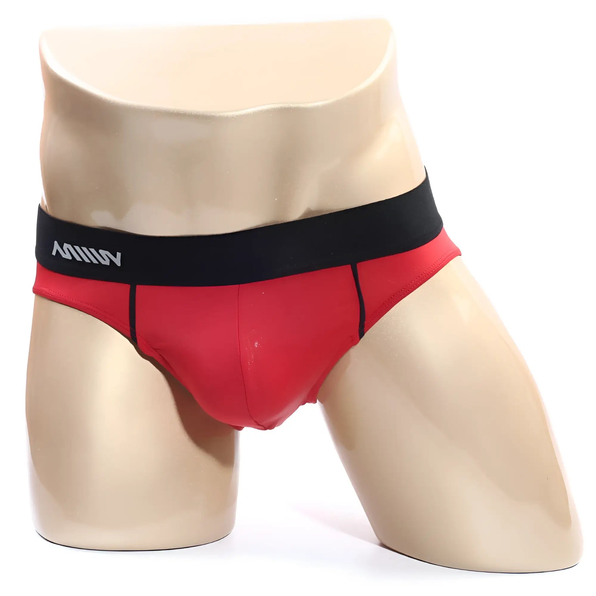 Red MetroMaleWear Flow brief 6113-12 made of soft fabric with black waistband and white miiiv logo for men