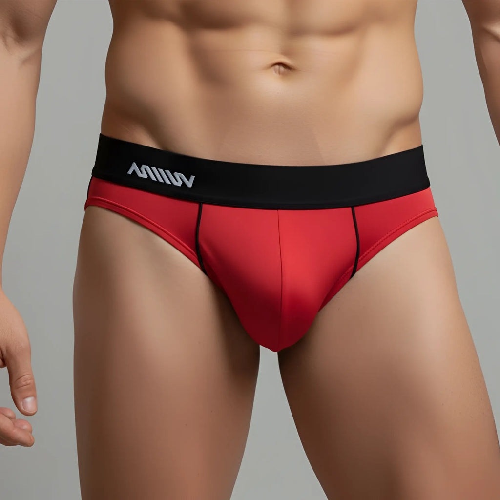 Red men’s briefs metroMaleWear flow brief with black waistband and white lettering in a comfortable fabric