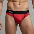 Red men’s briefs metroMaleWear flow brief with black waistband and white lettering in a comfortable fabric
