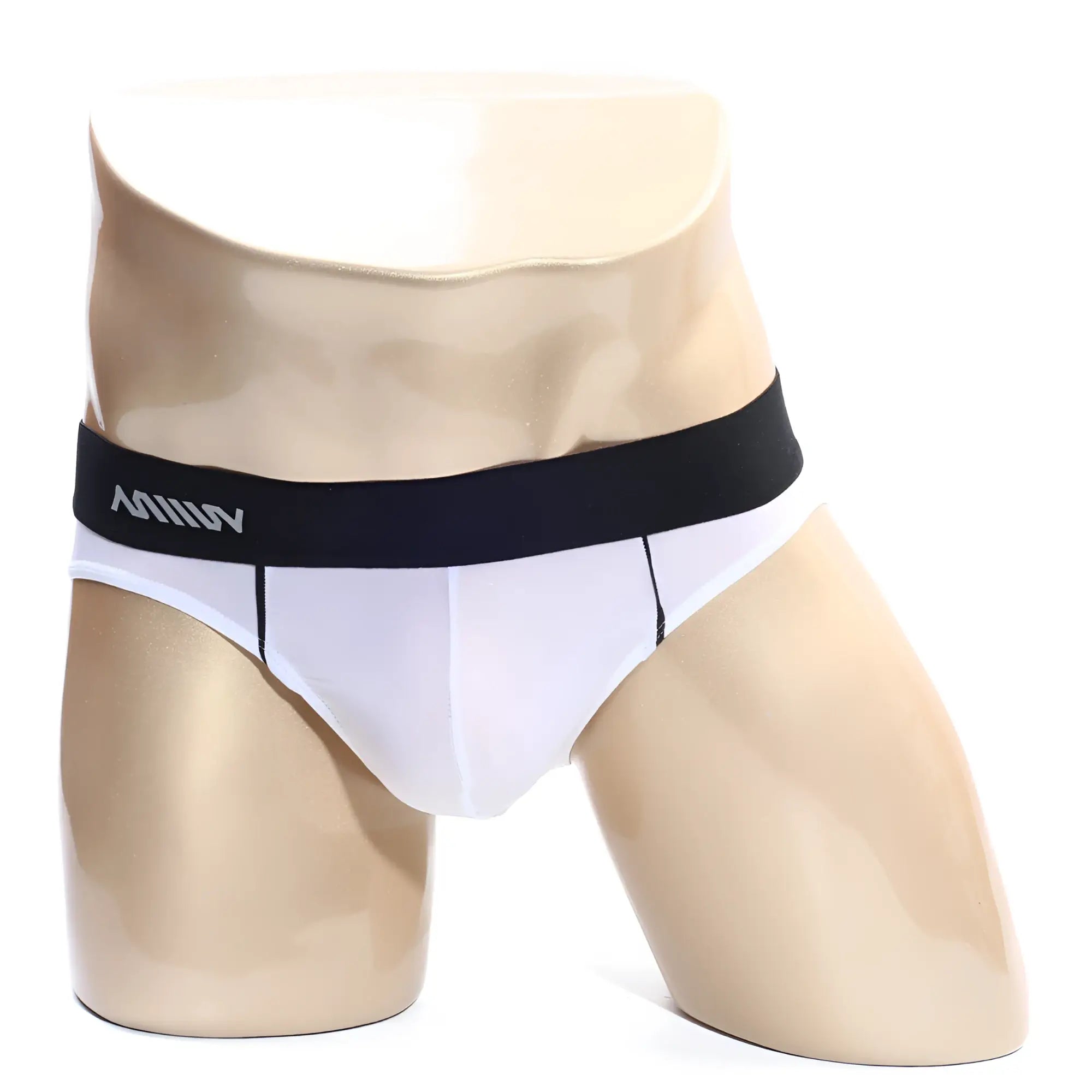White briefs with a black waistband featuring the milli logo in silver from metromalewear flow brief white 6113-00