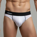 White men’s briefs metro malewear flow brief 6113-00 with black waistband and silver amw logo