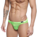 Bright neon green fluorescent mesh briefs with black waistband tag by metro malewear model 5103-m07