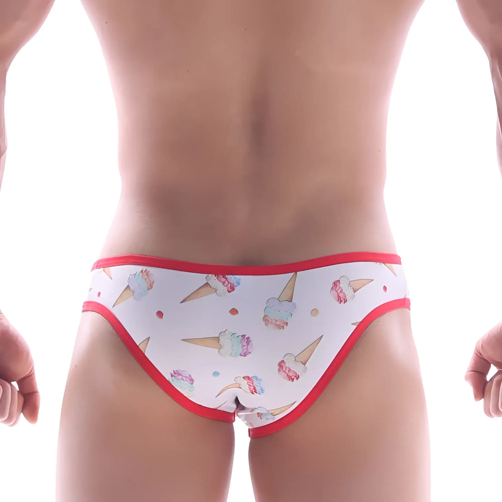 White briefs with red trim featuring a playful ice cream cone pattern from MetroMaleWear focus brief 6107-31