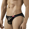 Metro male wear fortuna bikini gold 2905-61 black mesh briefs with metallic gold snake scale pattern and red brand tag