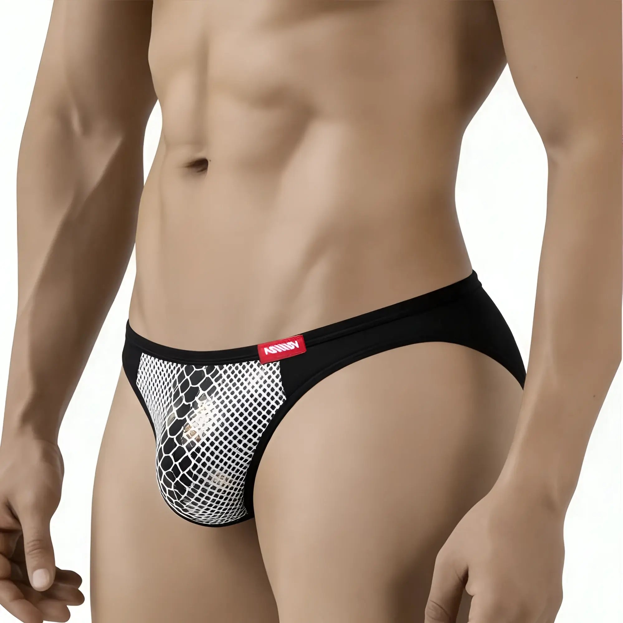 Black and white mesh briefs with red brand tag metro male wear fortuna bikini white 2905-60 product image