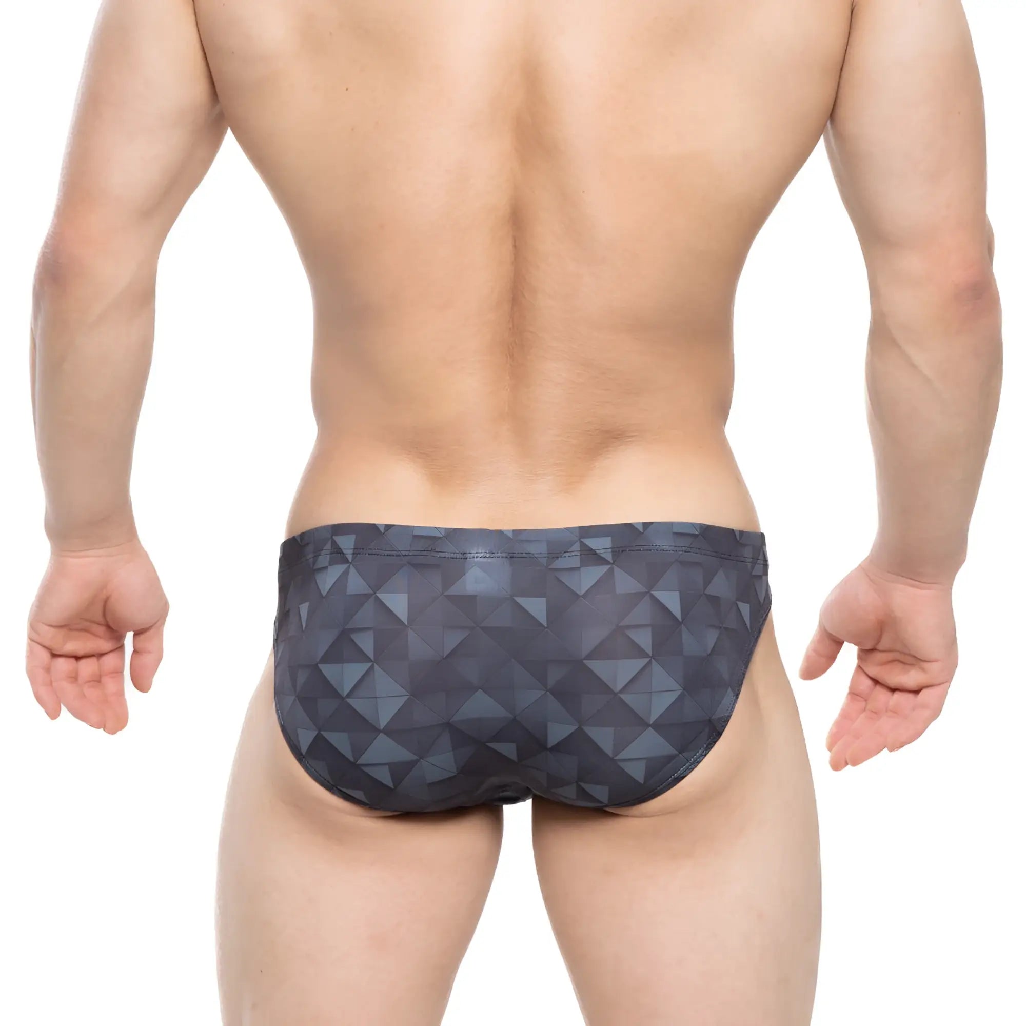 Dark gray swim trunks with geometric triangle pattern from metromalewear fractal bikini 5103-m42 collection
