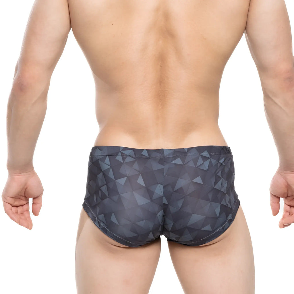 Dark gray swim trunks with a geometric triangle pattern from metro male wear fractal trunk 2125-45 collection