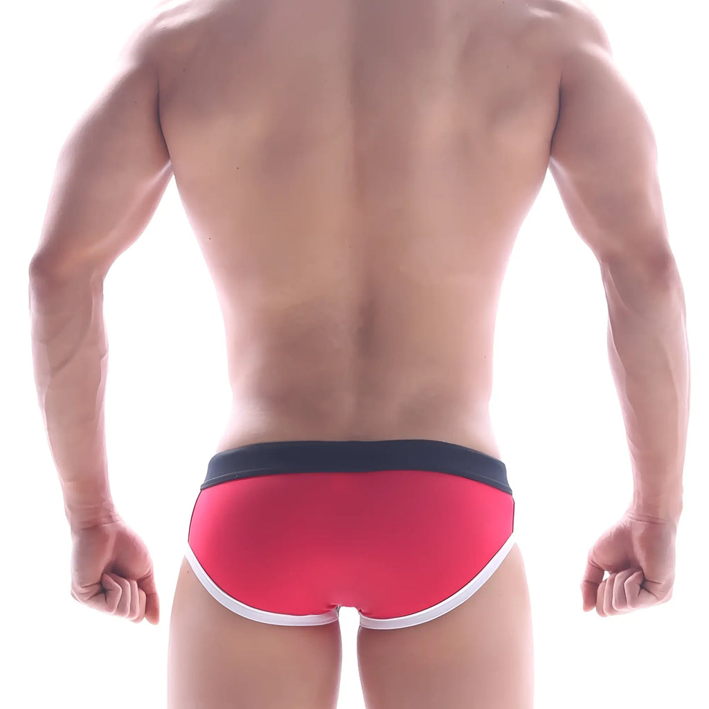 MetroMaleWear frame swim brief white 4916-81 red swim trunks with black waistband and white trim for swimming